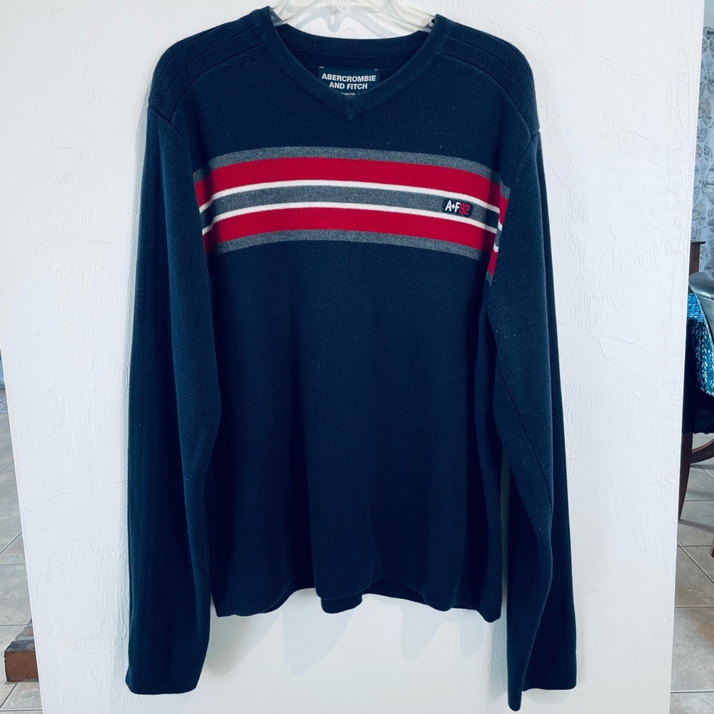 Vintage Abercrombie & Fitch Blue V-Neck Sweater with Red Stripes